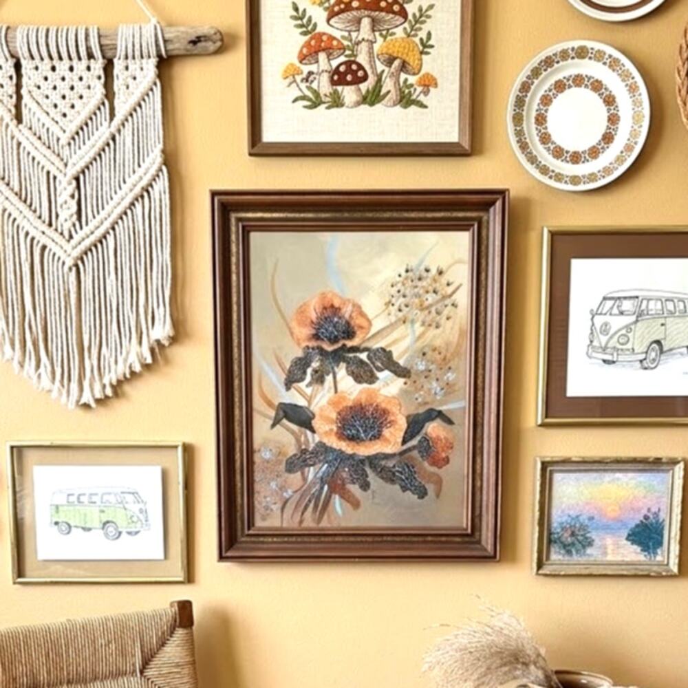 mixed-media floral painting signed Evie Hahn multi-tonal orange poppies vintage